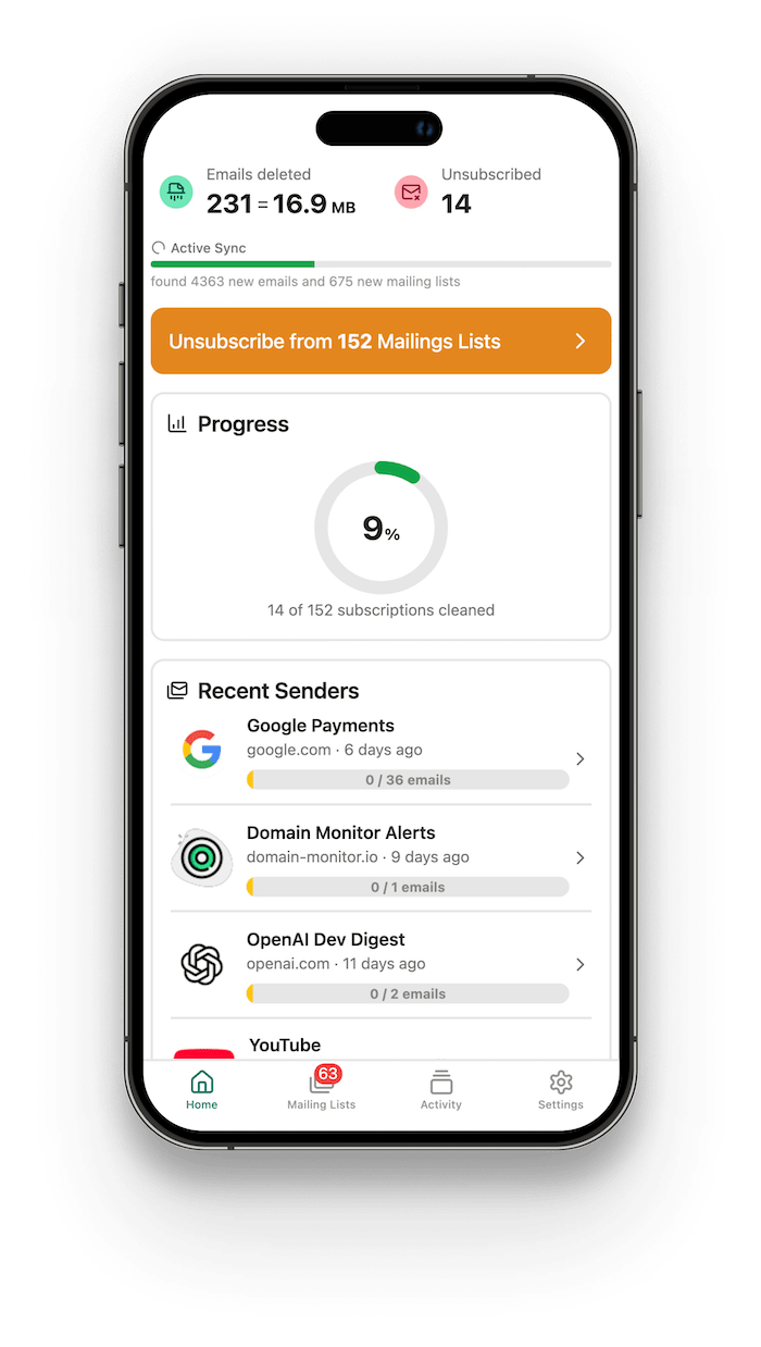 ClearBear running on an iphone showing the home screen and an active sync