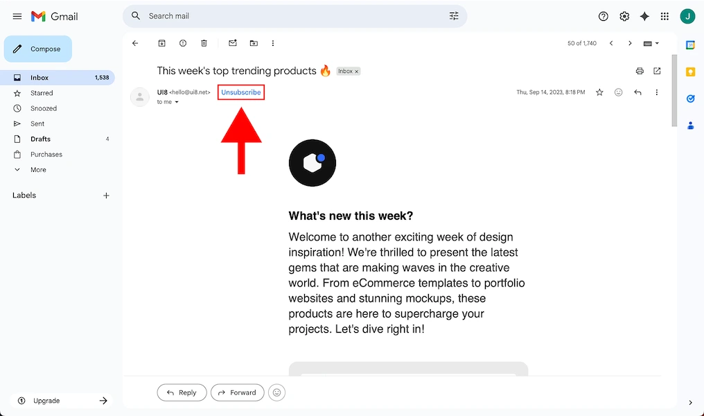 Screenshot of an email in Gmail and a red arrow pointing to the "Unsubscribe" button beneath the sender's email.